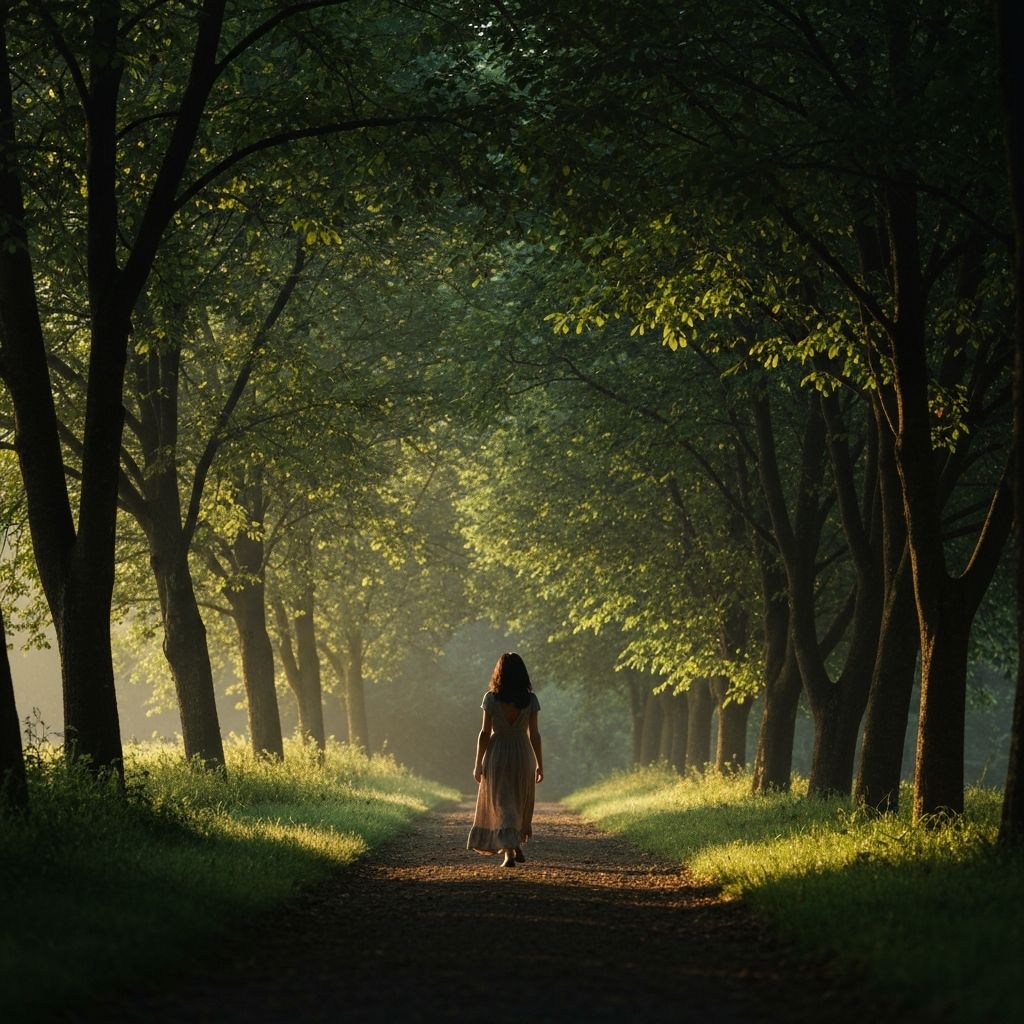 Person walking along a tree-lined path in morning light
