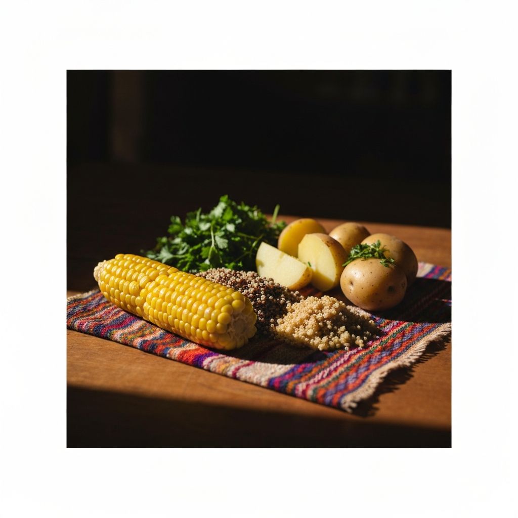 South American food spread with quinoa, corn and fresh herbs