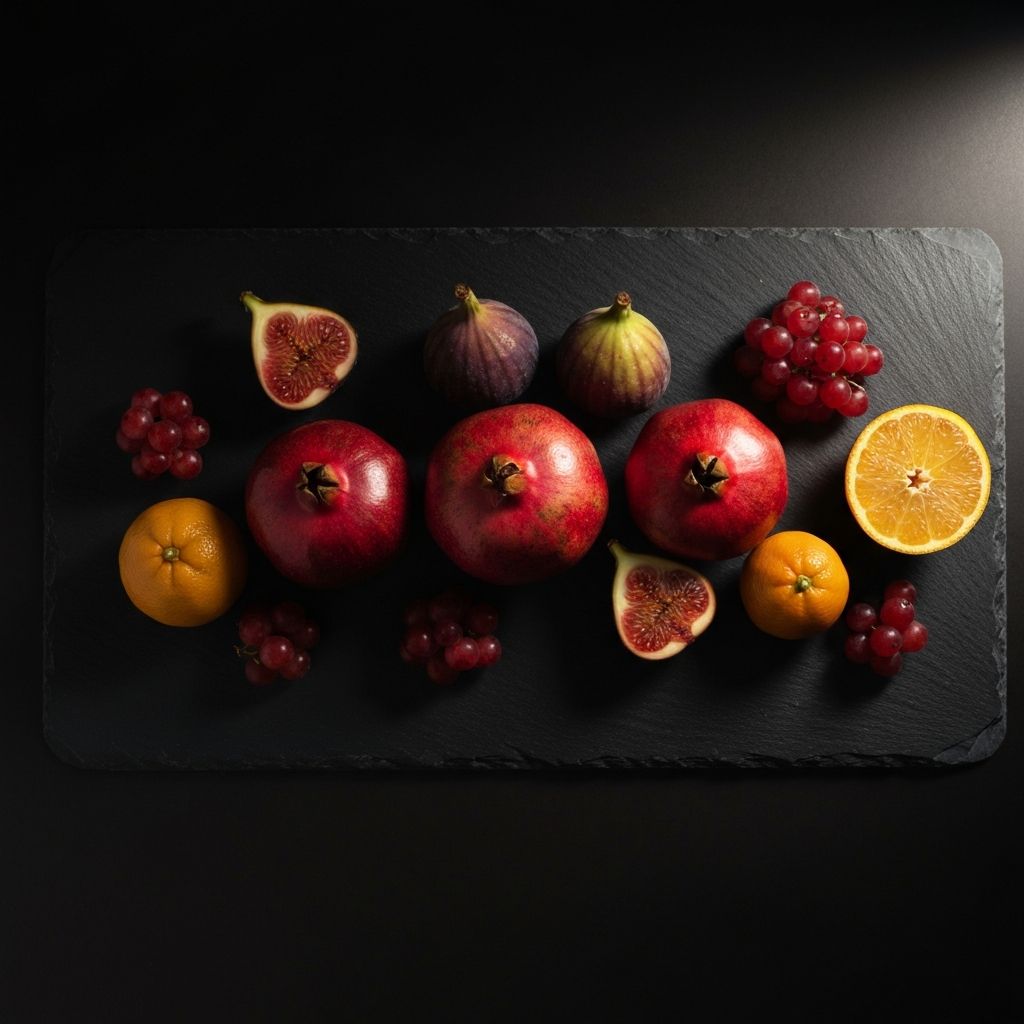 Colorful whole fresh fruits arranged on dark slate stone